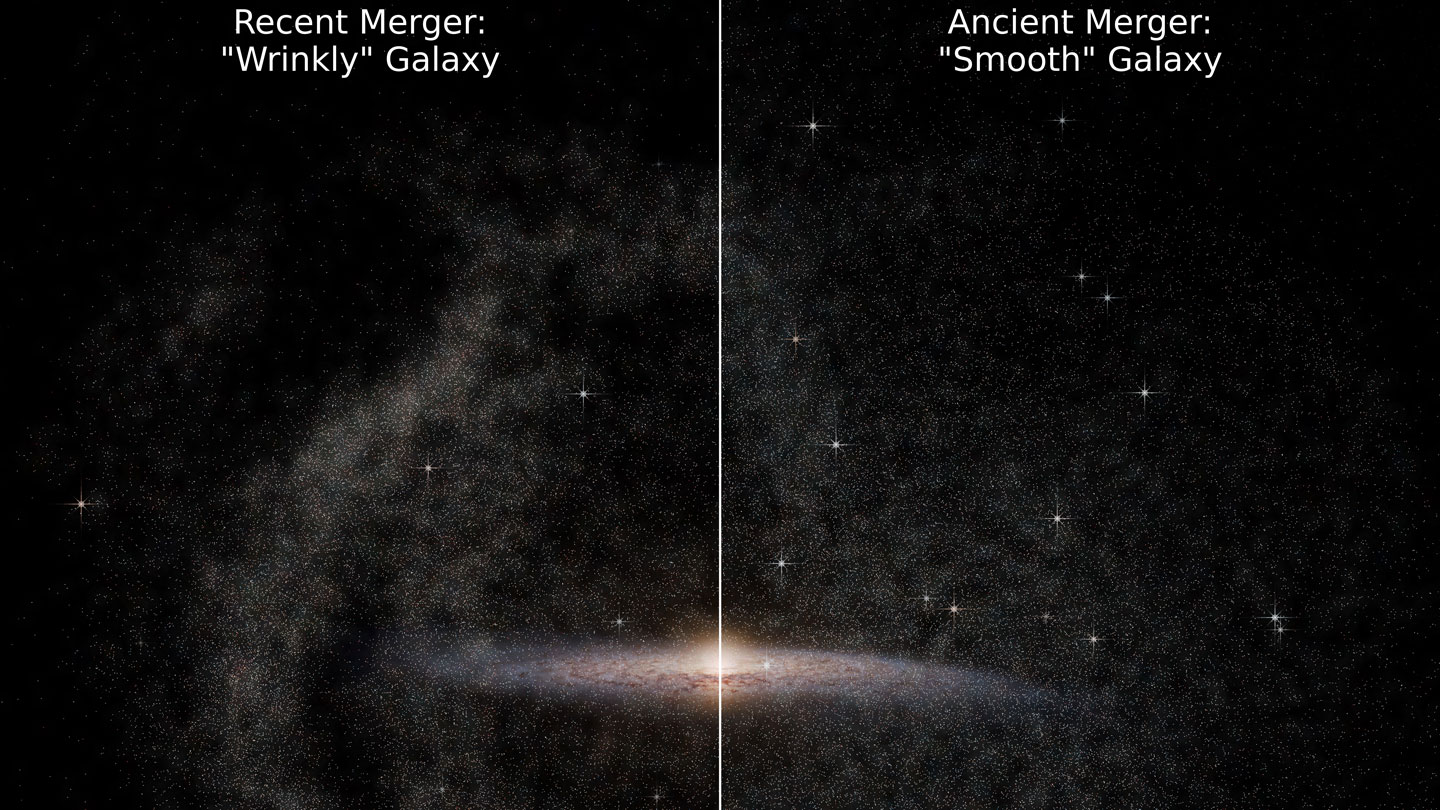 Milky Way are more prominent than expected, leading researchers to determine the last major galactic collision occured only three billion years ago.