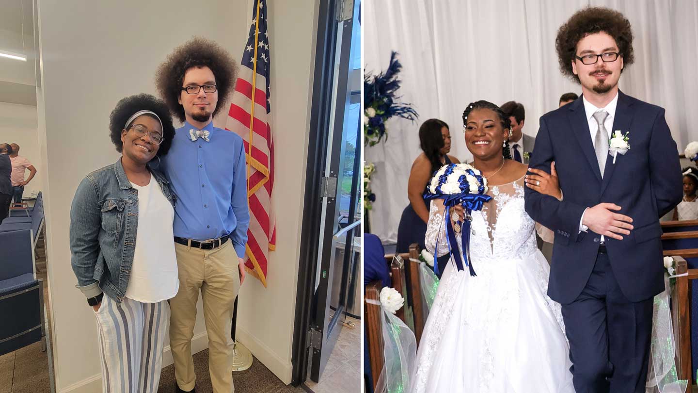 Snapshots of GaTerrilyn Heard and Wesley Evans, from The University of Alabama in Huntsville campus after teaming up to win a music trivia contest: left, showing off their afro twin styles right, on their wedding day.