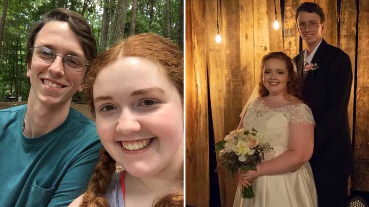Snapshots of Hayley Andrews and Chris Johnsey, from The University of Alabama in Huntsville: left, enjoying a beautiful day in the woods; right, on their wedding day.