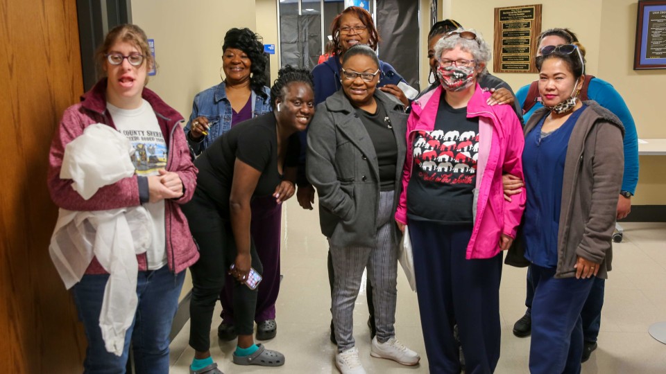 students and participants in a mock hospital setting