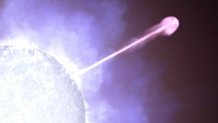 An illustration of a gamma-ray burst erupting from a dense environment around a collapsing massive star.