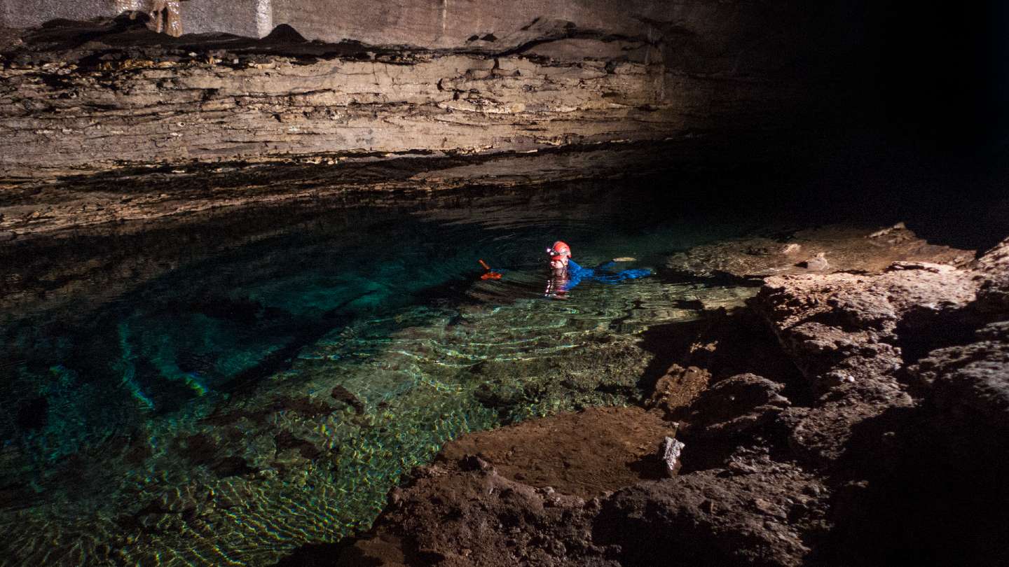 matt snorkeling inside of Shelta cave