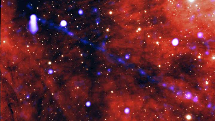 Images from NASA's Chandra X-ray Observatory show a filament of matter and antimatter extending from a pulsar.