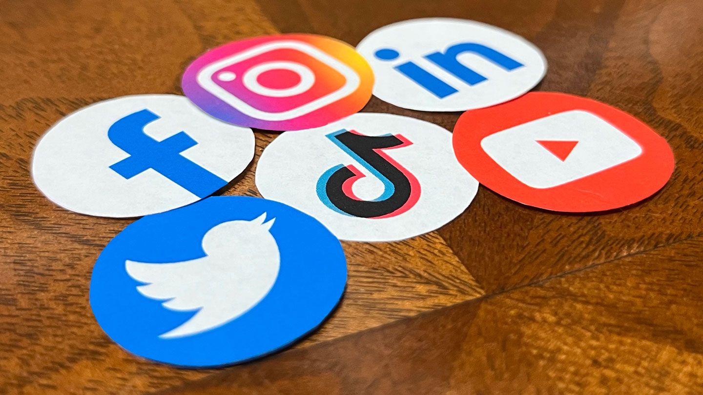 Icons for Facebook, Instagram, Linked In, Twitter, Tik Tok, and You Tube. 