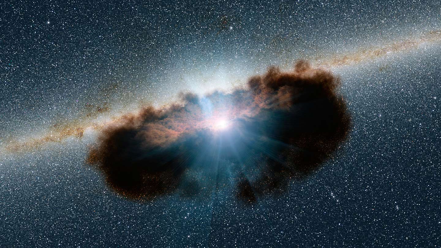 An artist’s illustration of an obscured supermassive black hole surrounded by extremely thick clouds of gas and dust