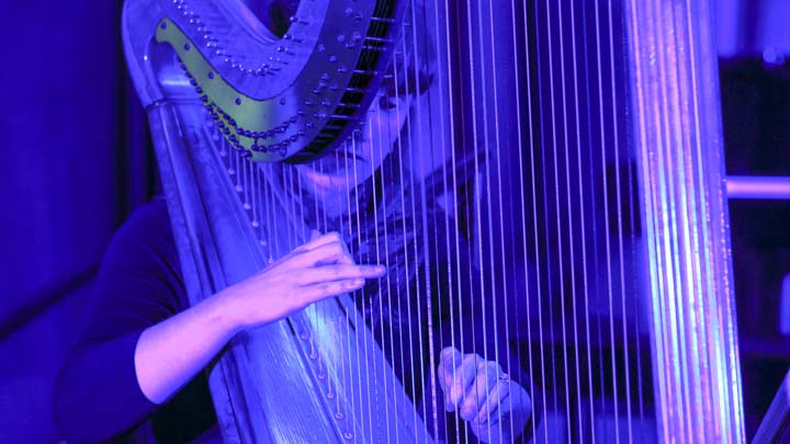 Olivia Hitt entertaining with her harp at the Golden Jubilee Dinner