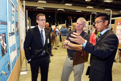 UAH students who graduated from the Marshall Space Flight Center’s summer internship program presented their project posters and abstracts on Wednesday, Aug. 9. From top are Jaewon Choi, physics, mathematics, optics; Chris Hill, mechanical engineering; Markus Murdy, aerospace engineering; Glenn Scott Nesbitt II, aerospace engineering; and Maria Emma Torres, chemistry/biology.