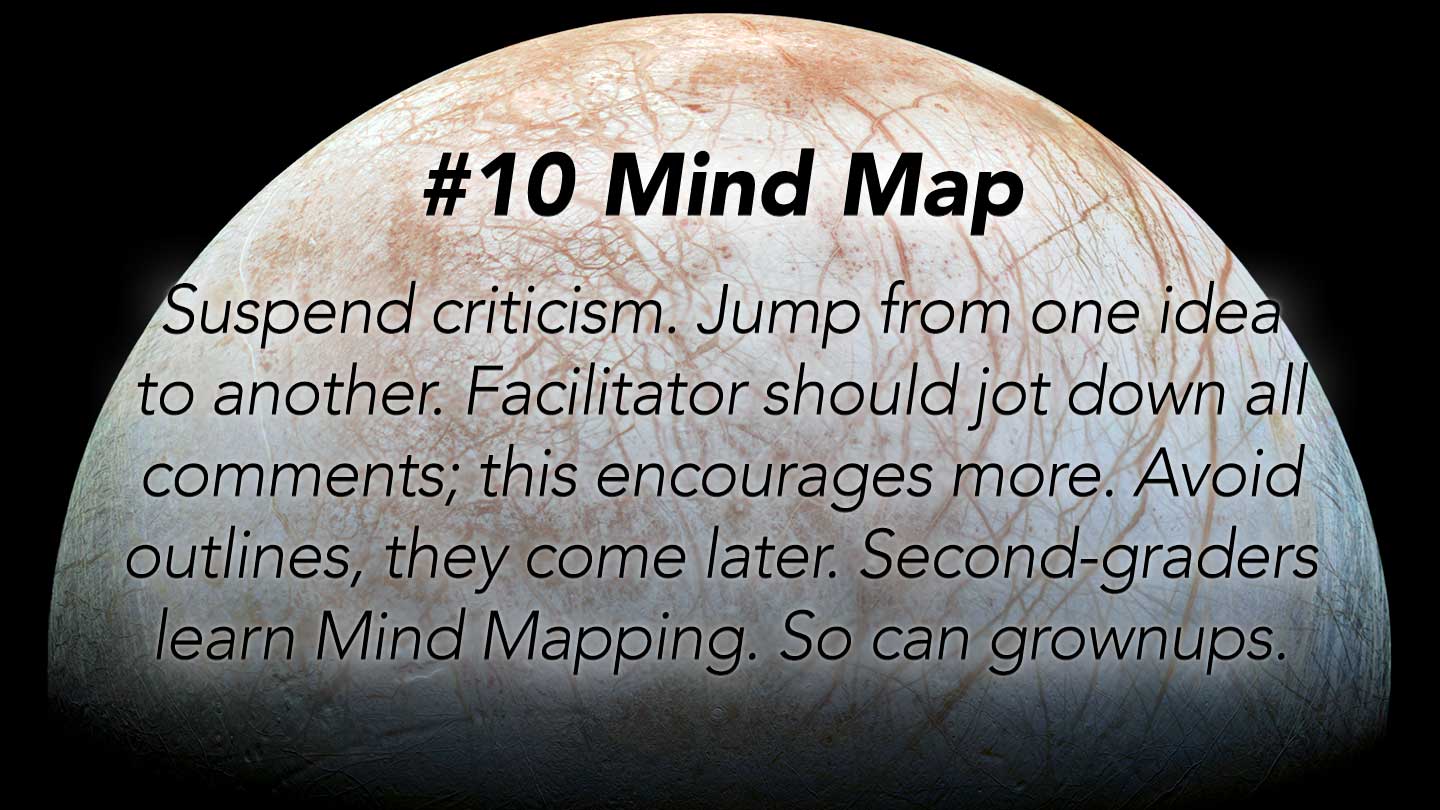 Mind Map.
Suspend criticism. Jump from one idea to another. Facilitator should jot down all comments; this encourages more. Avoid outlines, they come later. Second-graders learn Mind Mapping. So can grownups.