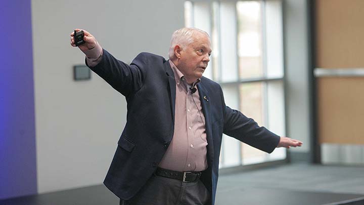 Robert Stewart, retired Brigadier General and NASA Astronaut, speaking at UAH College of Engineering ?>