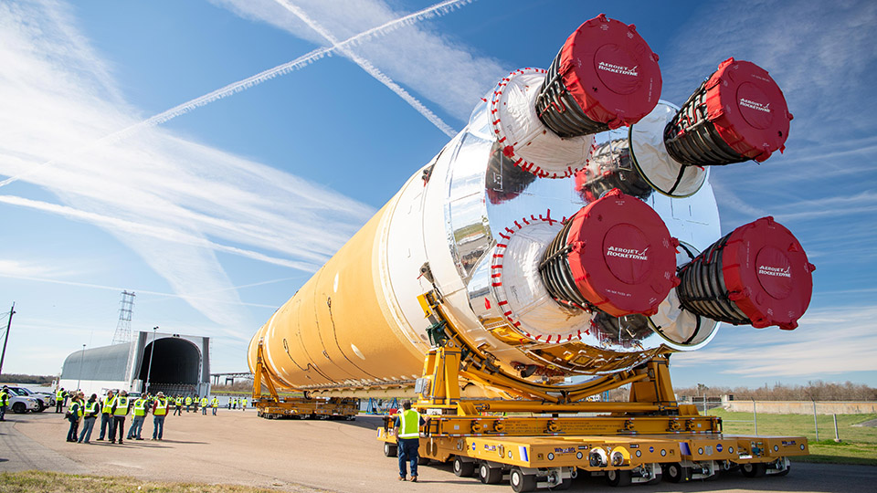 photo of the first NASA artemis rocket core stage at Michoud Assembly Facility