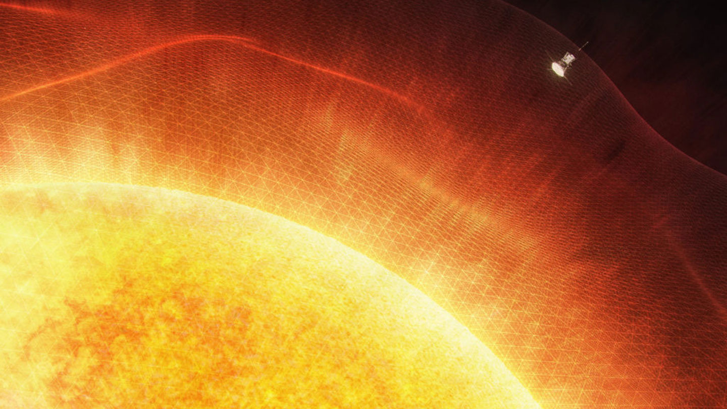 Conceptual rendering shows NASA's Parker Solar Probe about to enter the solar corona, the outermost layer of plasma, or ionized gas