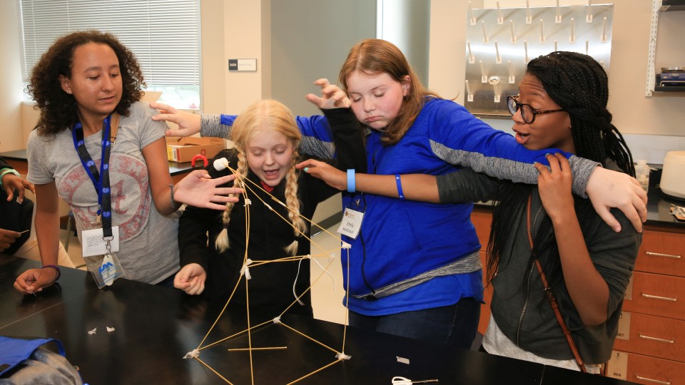 girl in a lab experiment with supporting a structure made of wood pieces