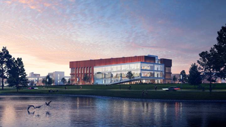 artist concept of the new uah engineering building expansion from across uah pond