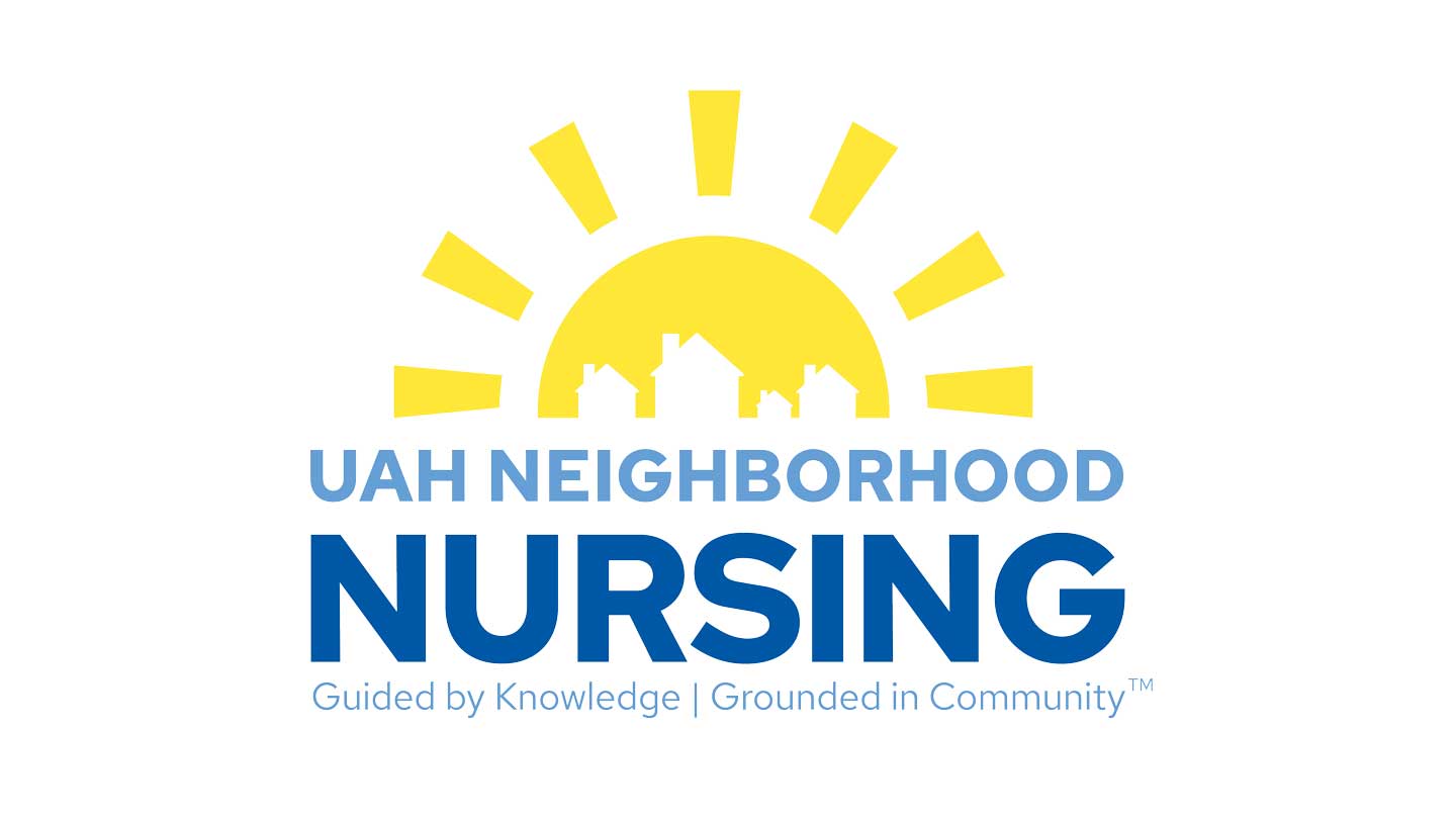 Yellow rising suns with white house along the skyline, Neighborhood Nursing in bold font, Guided by Knowledge, Grounded in Community