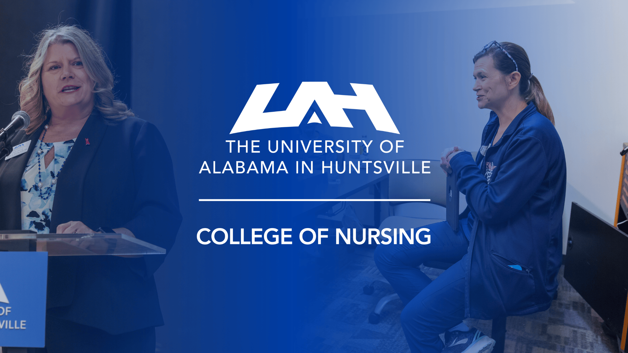 Faded transition between picture of faculty at podium and faculty teaching class with the UAH Nursing logo on top