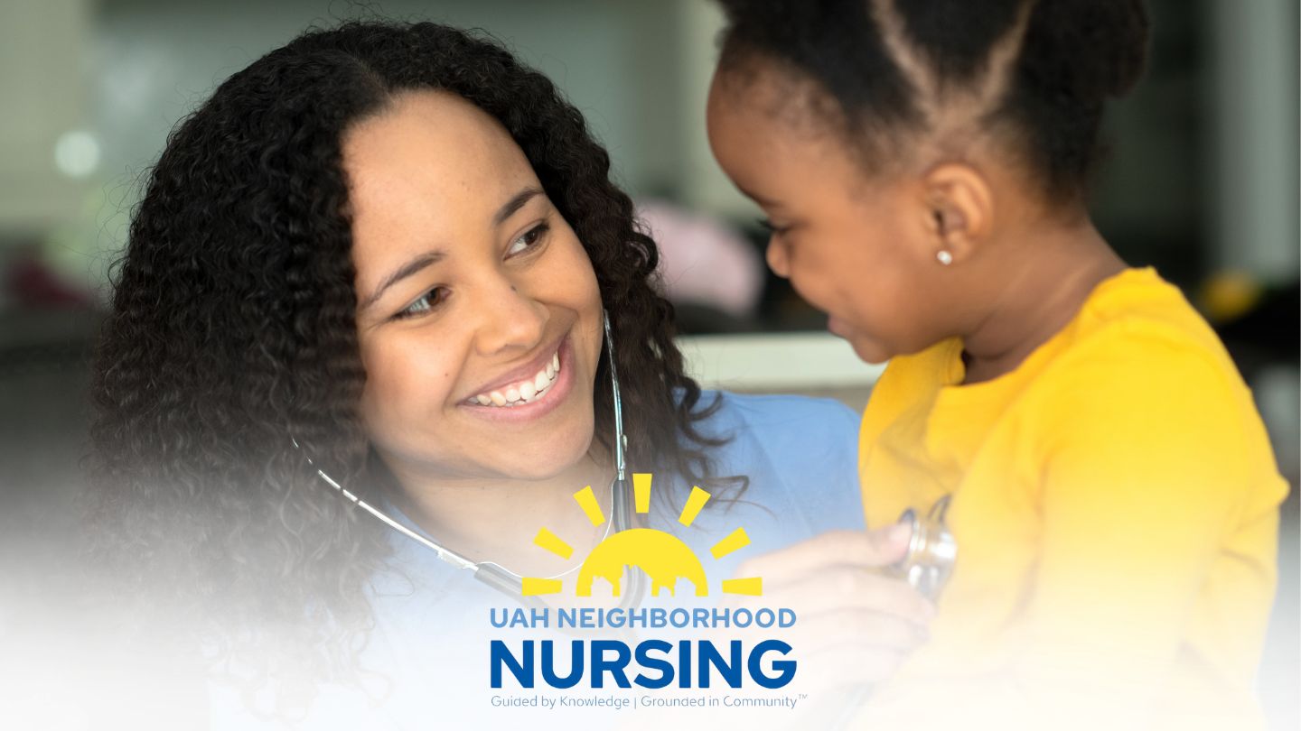 Nurse checking heart rate of child with stethescope, Neighborhood Nursing health screenings listed on bottom