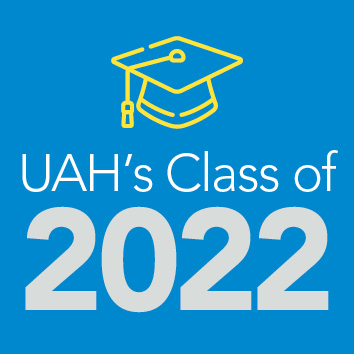 yellow graduation cap icon on a blue background with text that reads UAH's class of 2021