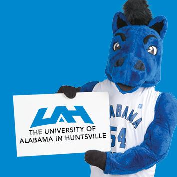 UAH blue horse mascot holding a sign that has the UAH logo on it