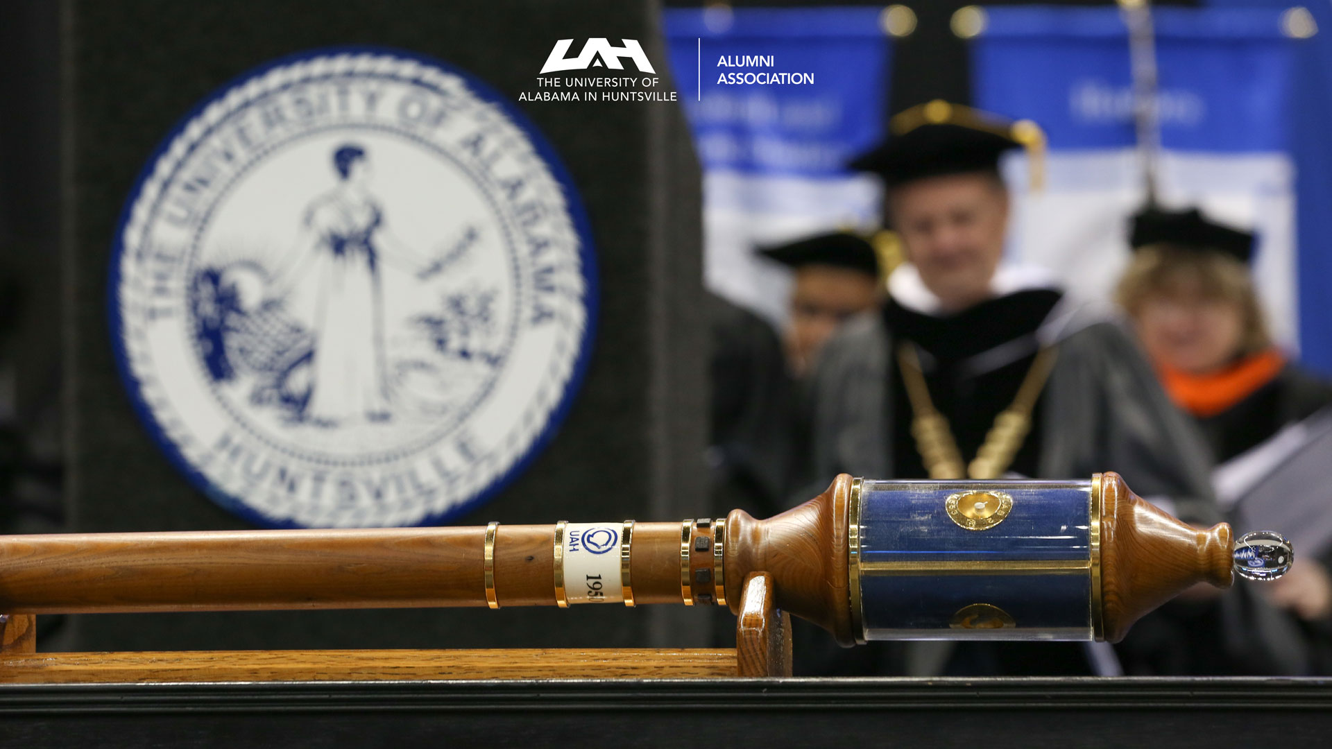 uah zoom background with university alumni logo and a photo of the university scepter