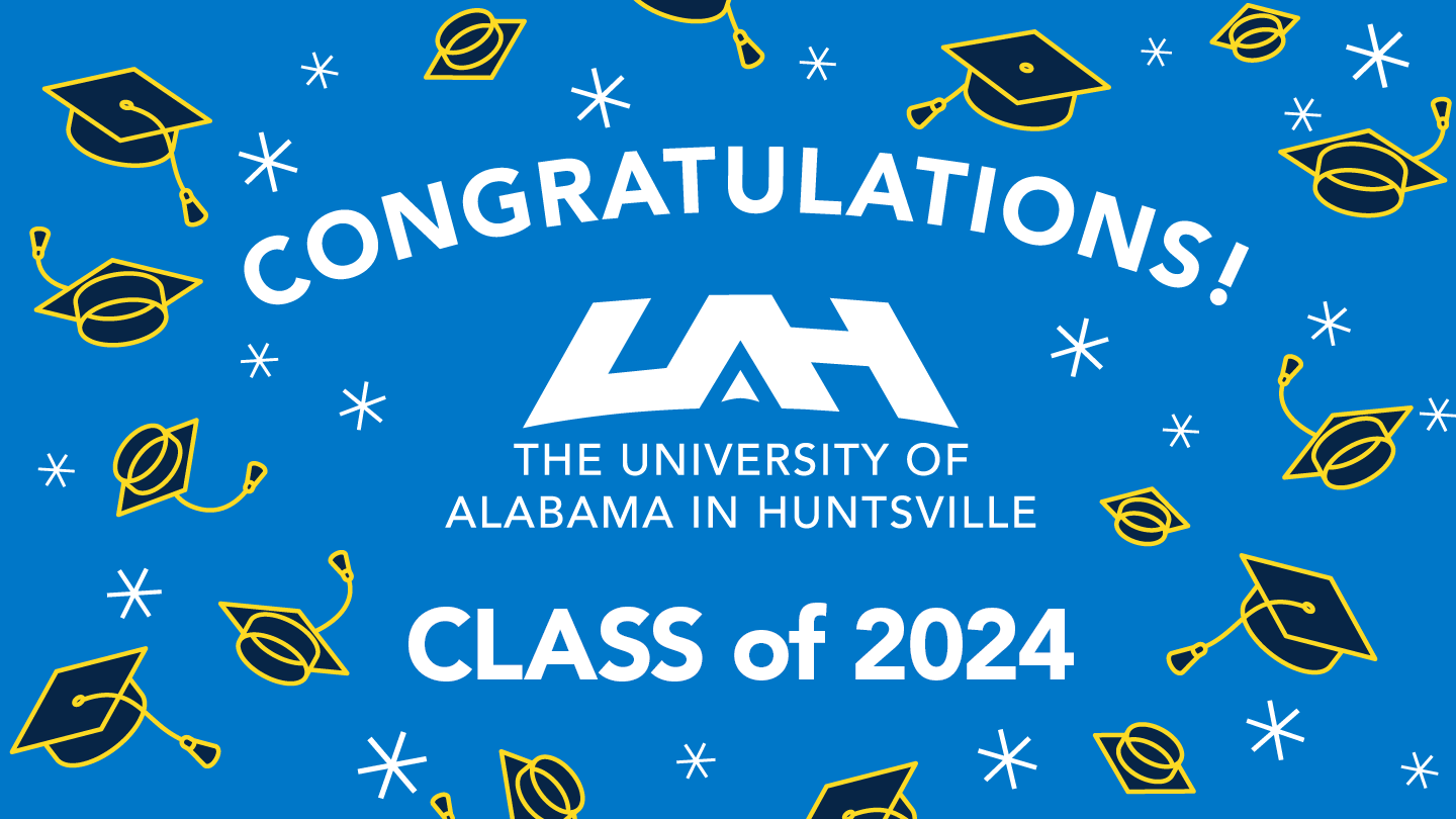 flying graduation caps on a blue background congratulations uah class of 2024