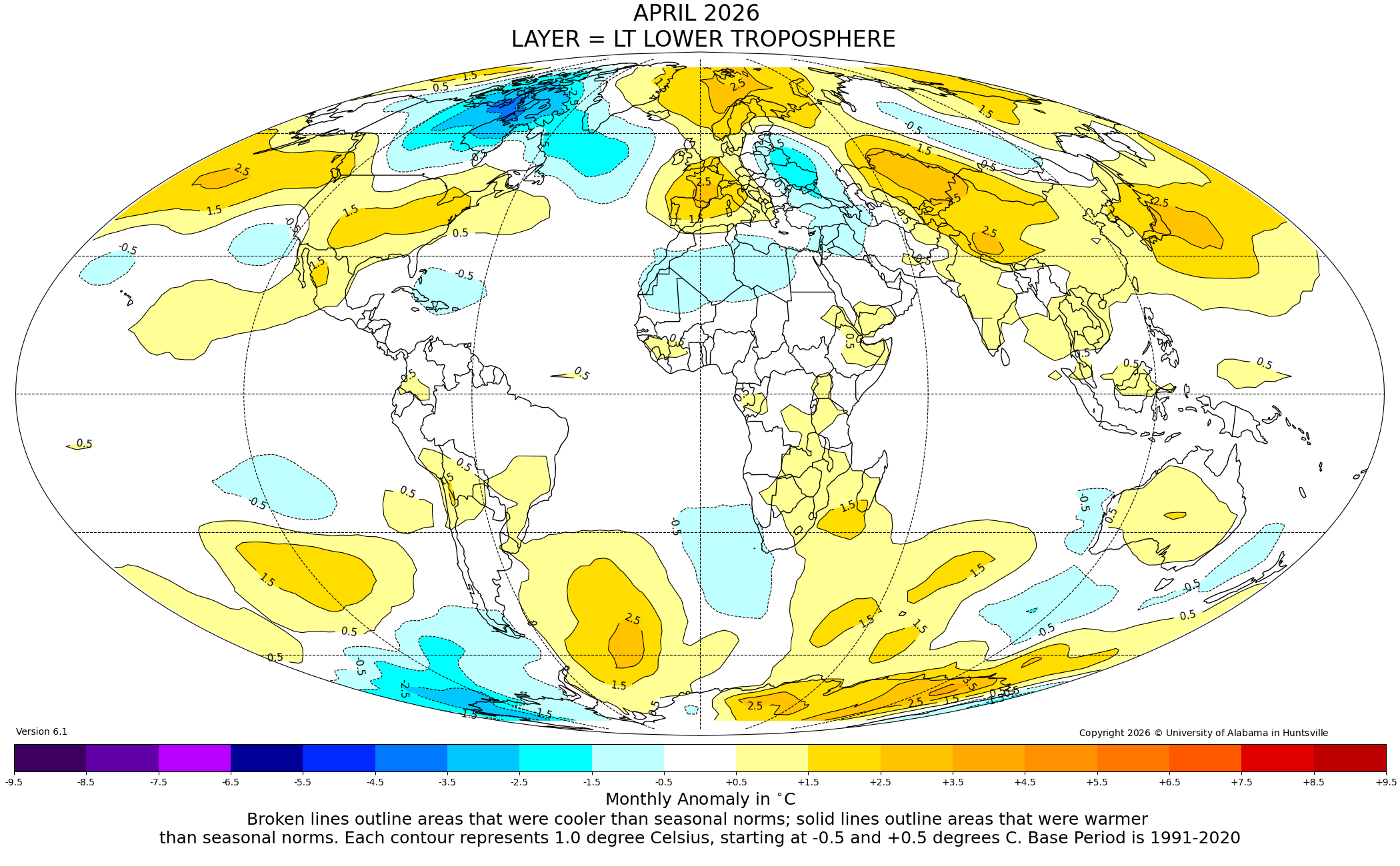 Lower tropospheric temperature anomalies for April 2026