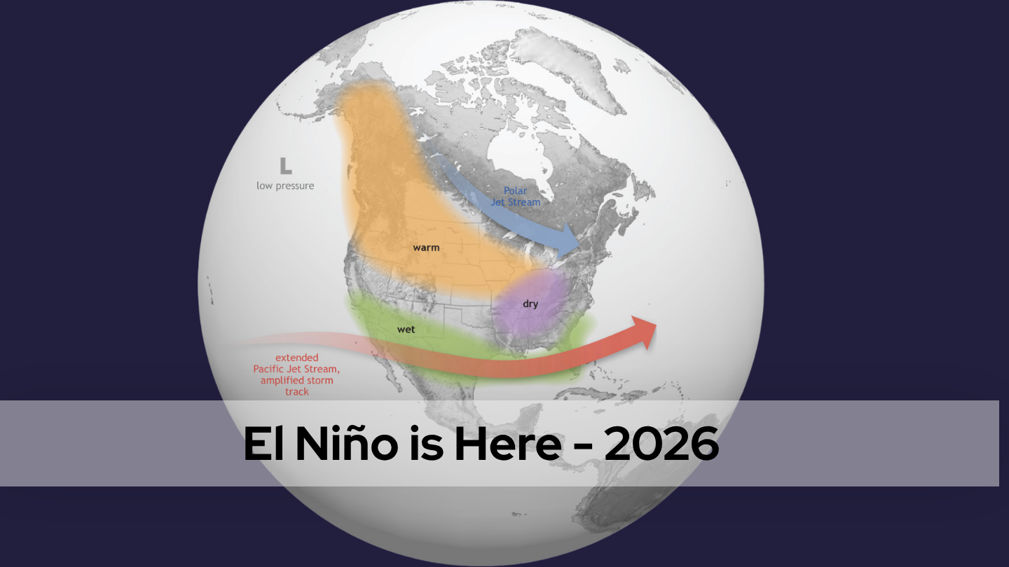 Dark navy background with an image of NOAA'S ENSO map overlayed with text