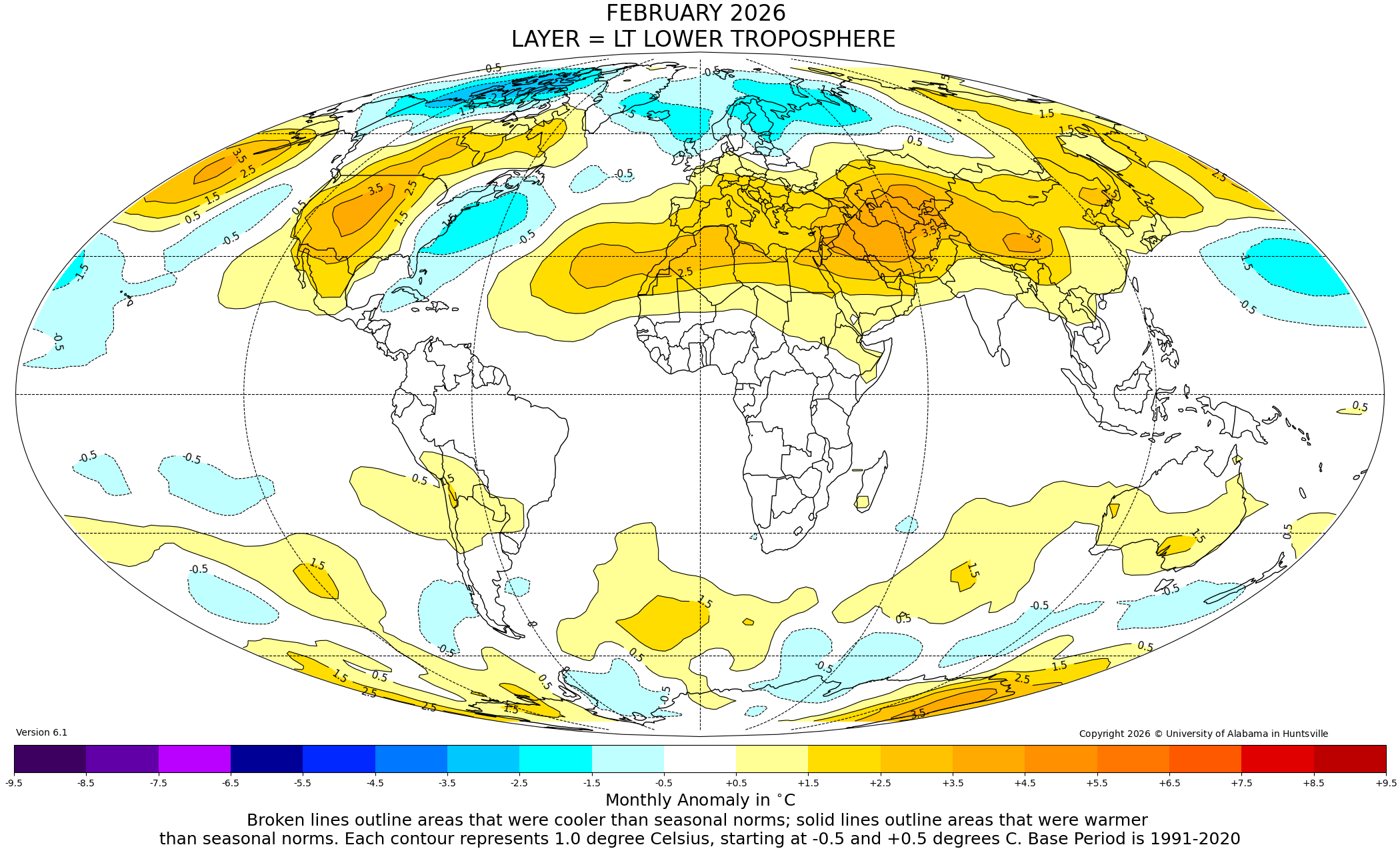 Lower tropospheric temperature anomalies for February 2026