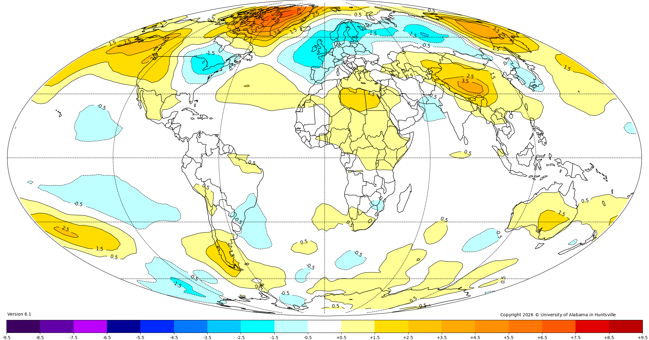 Lower tropospheric temperature anomalies for January 2026