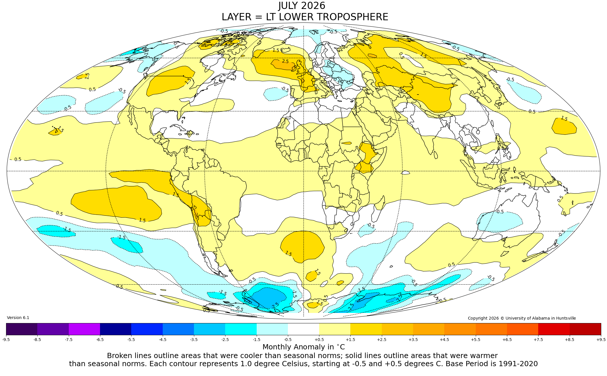 Lower tropospheric temperature anomalies for June 2026