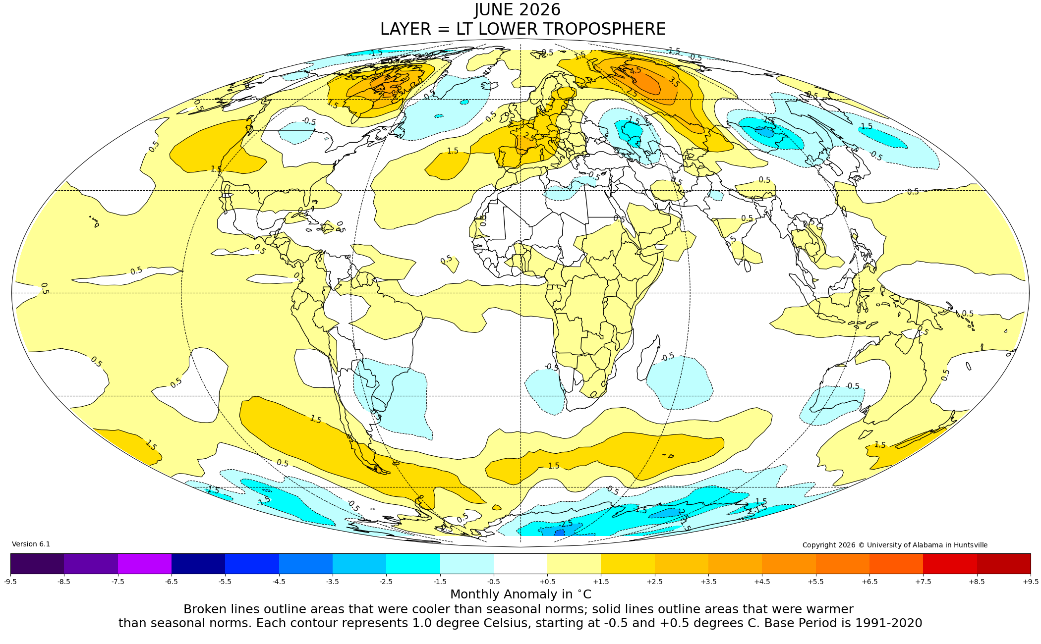 Lower tropospheric temperature anomalies for June 2026