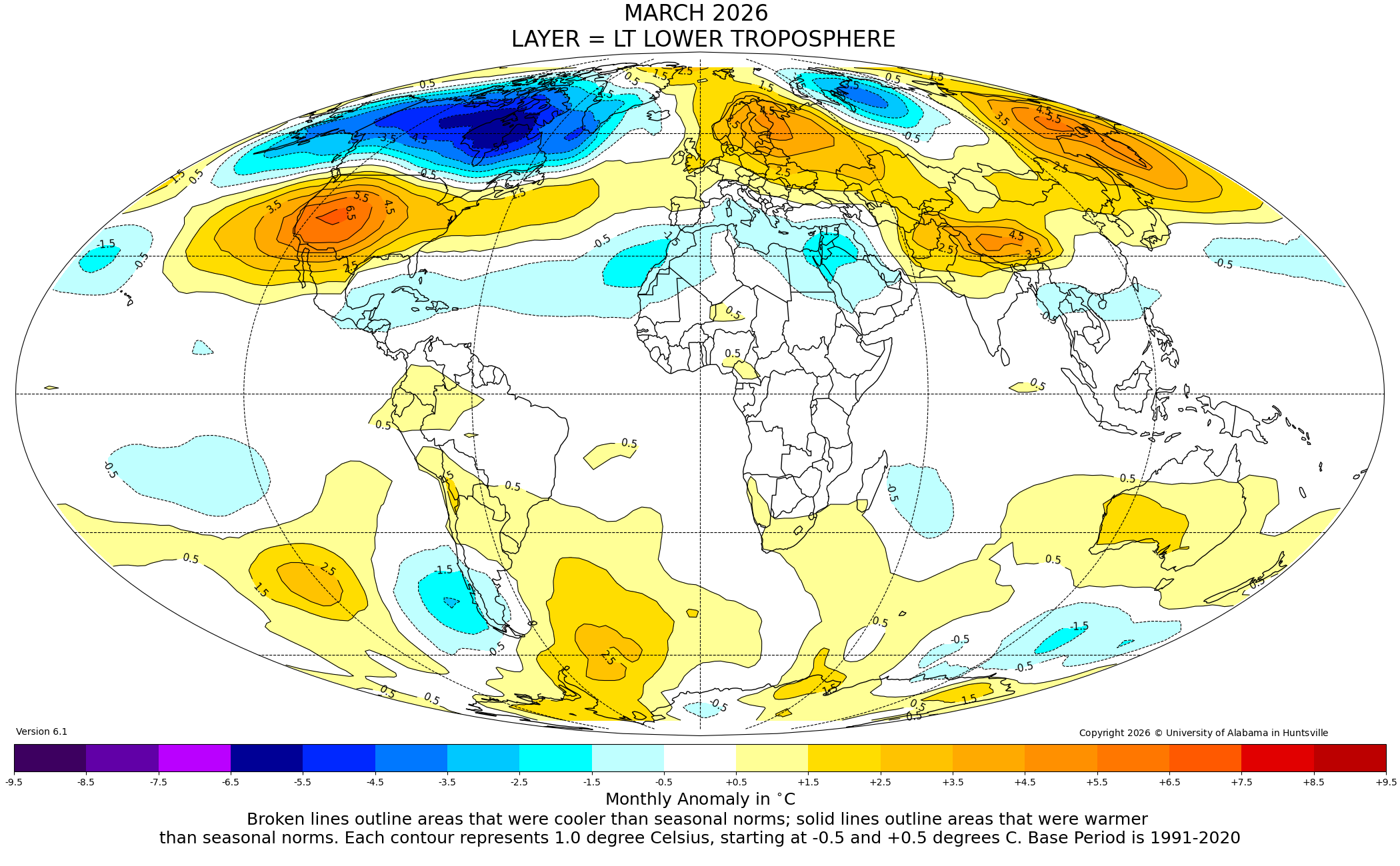 Lower tropospheric temperature anomalies for March 2026