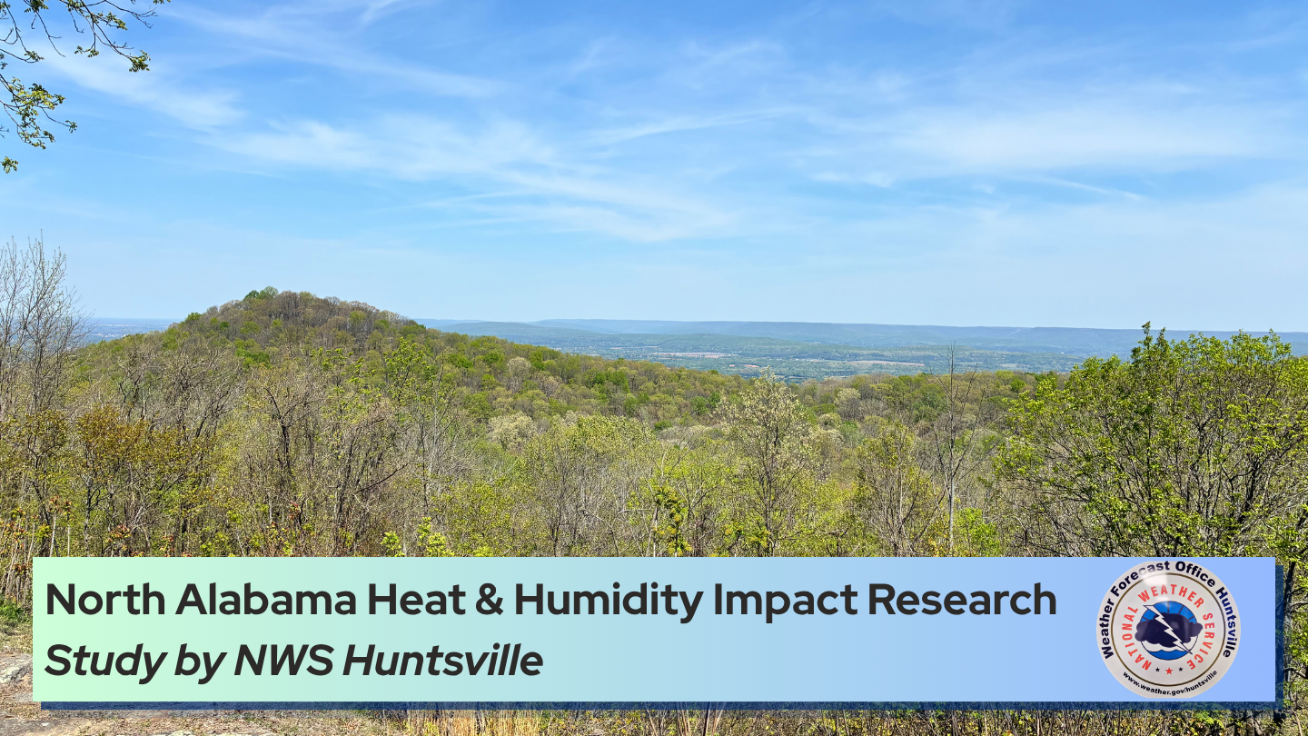 Banner image for the North Alabama Heat & Humidity Impact Research blog featuring a scenic view from an overlook of the forested North Alabama landscape beneath a blue sky with wispy clouds. A blue and green gradient title banner overlays the bottom of the image with the text 