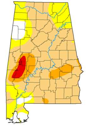 A map of U.S. Drought Monitor drought levels in Alabama for the week of December 16, 2025.