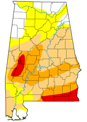 A map of U.S. Drought Monitor drought levels in Alabama for the week of December 2, 2025.