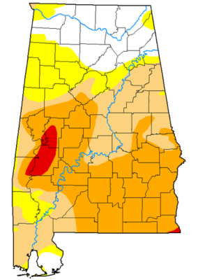 A map of drought levels in Alabama for the week of November 4, 2025. Extreme drought is concentrated in West Central Alabama, Severe and Moderate Drought expands across Central and South Alabama, and North Alabama is mostly drought-free.