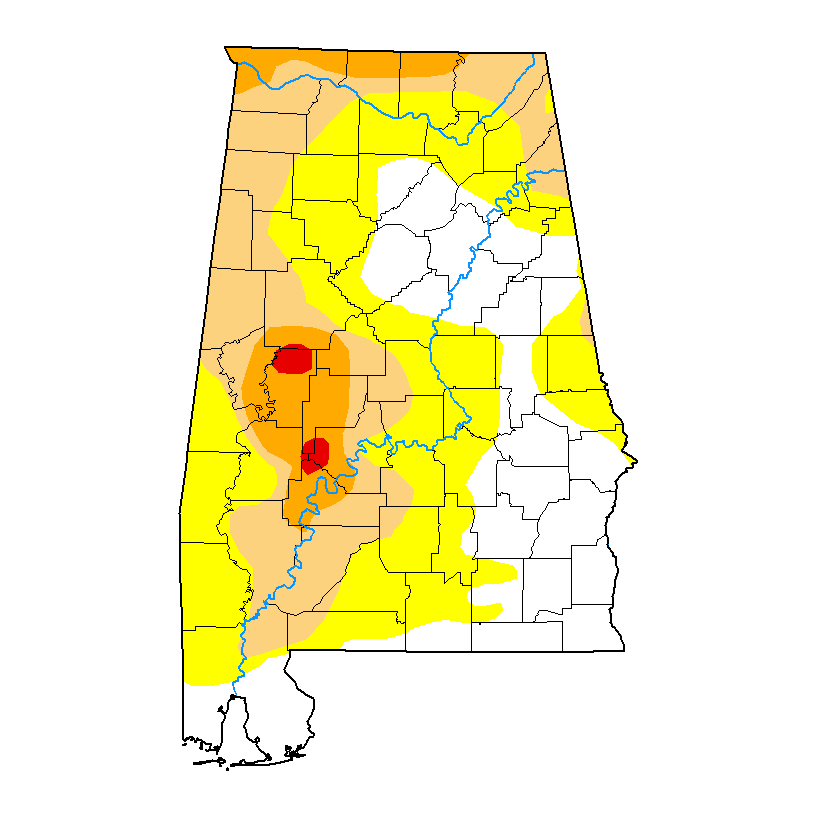 A map of U.S. Drought Monitor drought levels in Alabama for the week of October 13, 2026