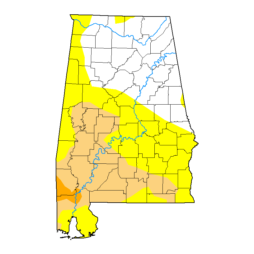 A map of U.S. Drought Monitor drought levels in Alabama for the week of September 1, 2026
