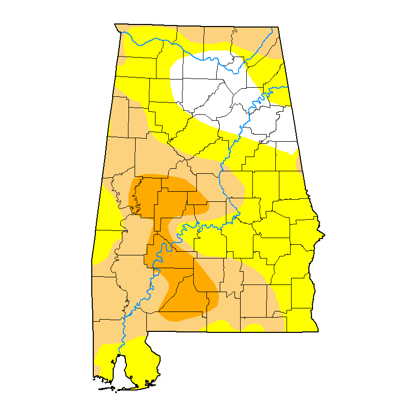 A map of U.S. Drought Monitor drought levels in Alabama for the week of September 22, 2026