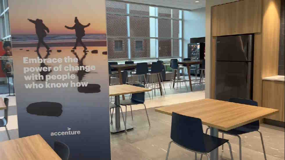 A room full of desks and a motivational poster