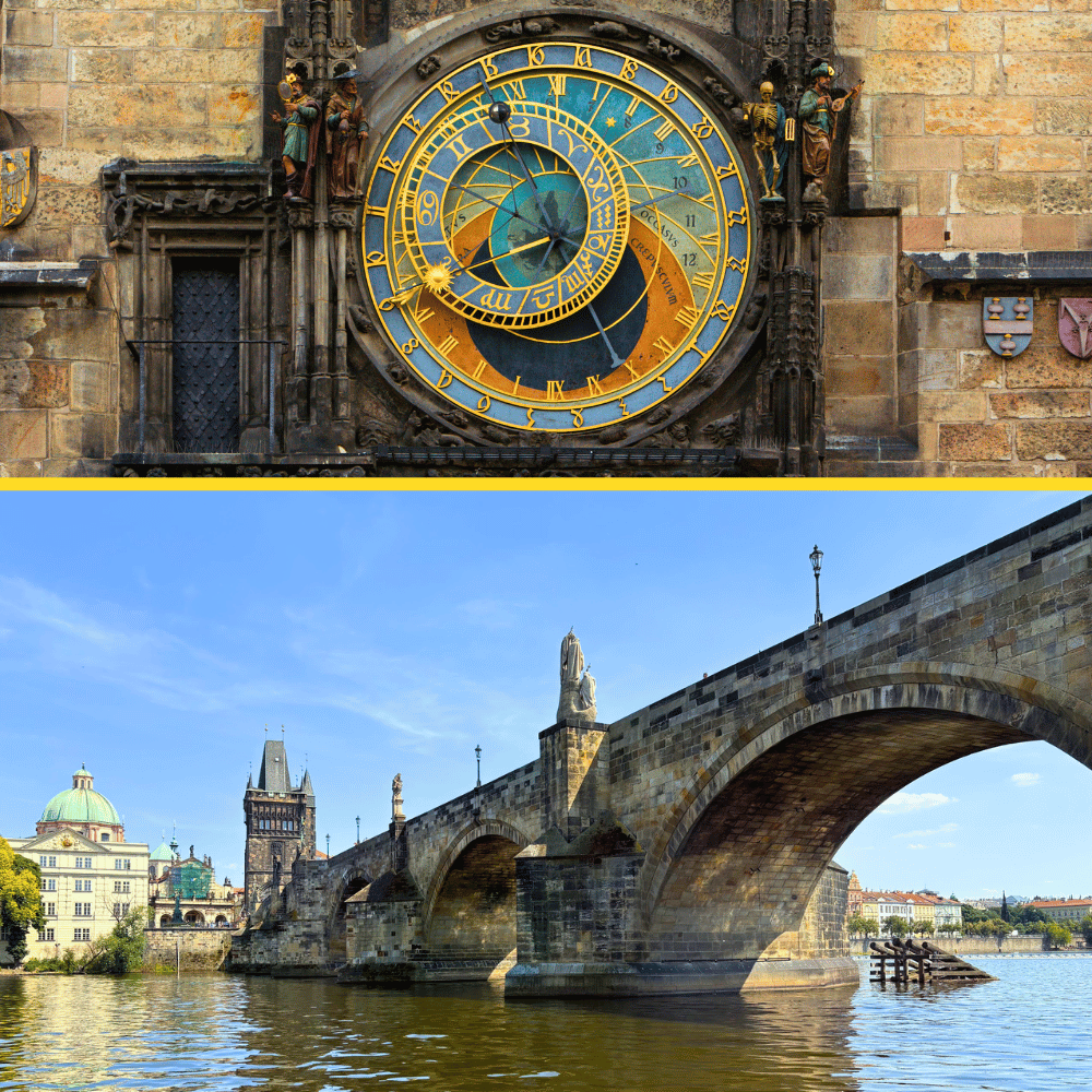 Close-up of the ornate Prague Astronomical Clock above a view of the arched stone Charles Bridge over the Vltava River.