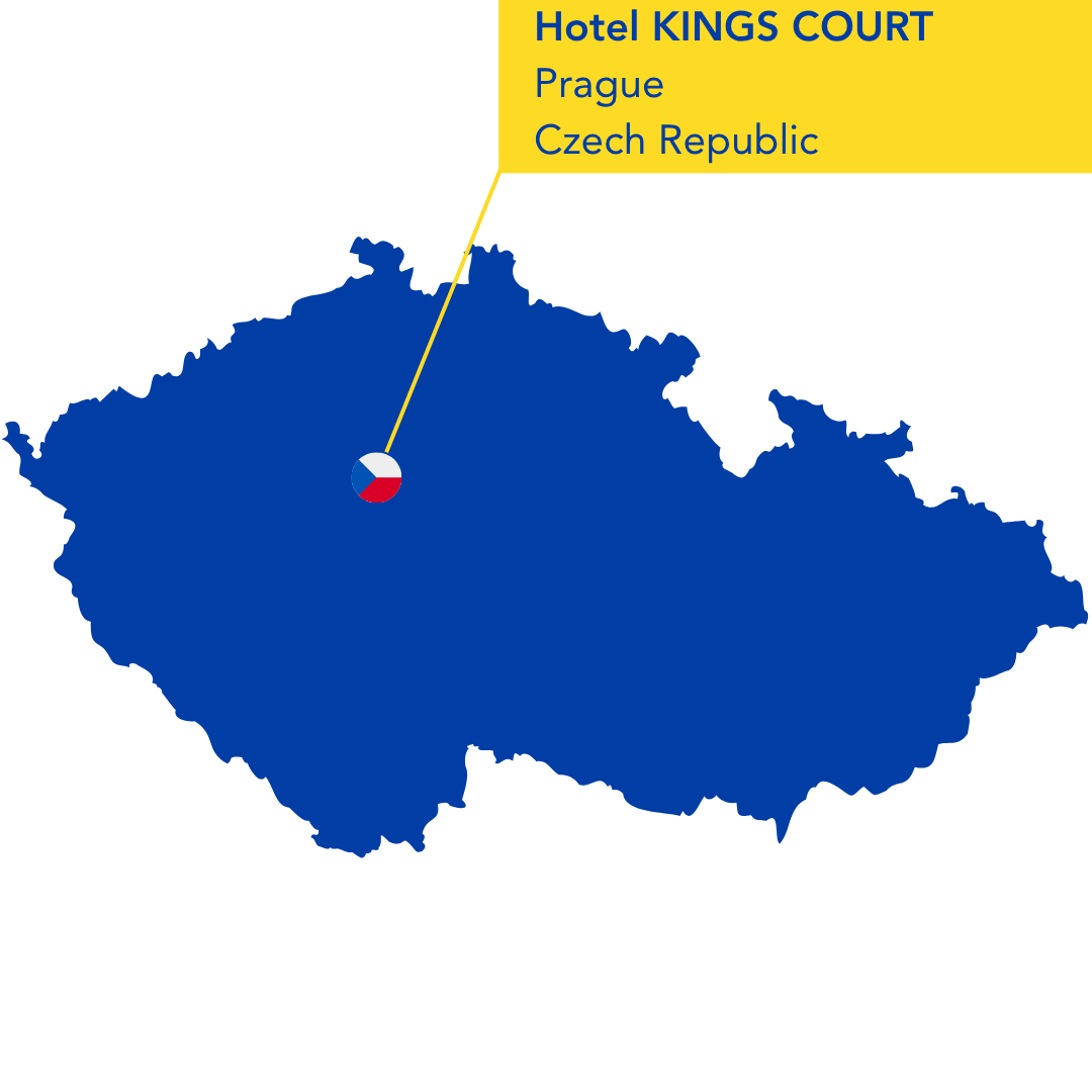 Map of the Czech Republic in blue, with a yellow pin marking Prague and a label reading 'Hotel Kings Court, Prague, Czech Republic.'
