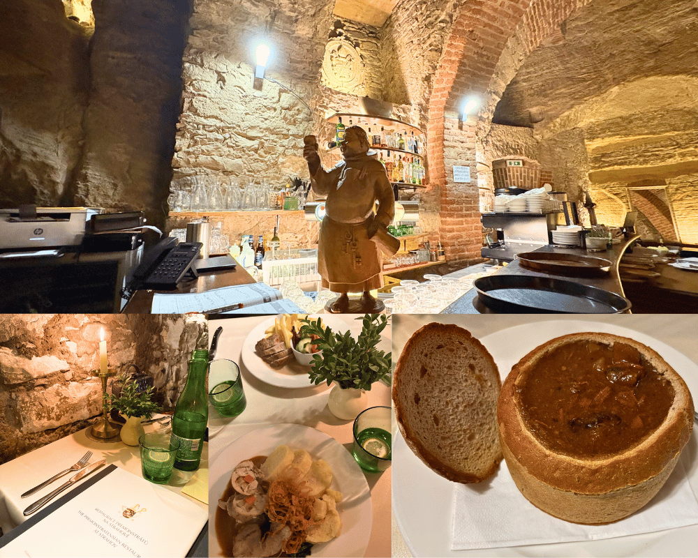 Collage of Na Pekle's medieval stone-cellar dining room, candlelit table setting, a meat dish, and goulash served in a bread bowl.