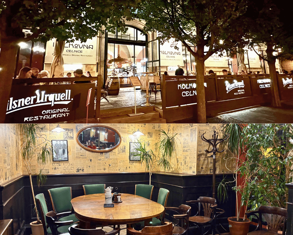 Collage of Kolkovna Celnice's outdoor seating and Pilsner Urquell signage at night, and its cozy indoor dining nook with green chairs and plants.