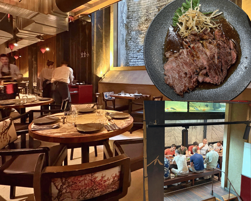 Collage of SIA's modern dining room, a plated sliced beef dish, and diners seated beneath the restaurant's aquarium.
