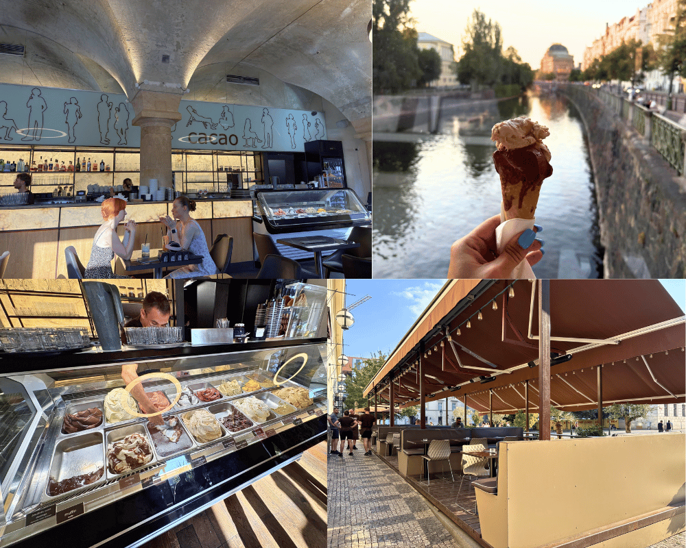 Collage of Cacao Prague's vaulted interior, a gelato cone by the riverside, the gelato display case, and the outdoor terrace seating.