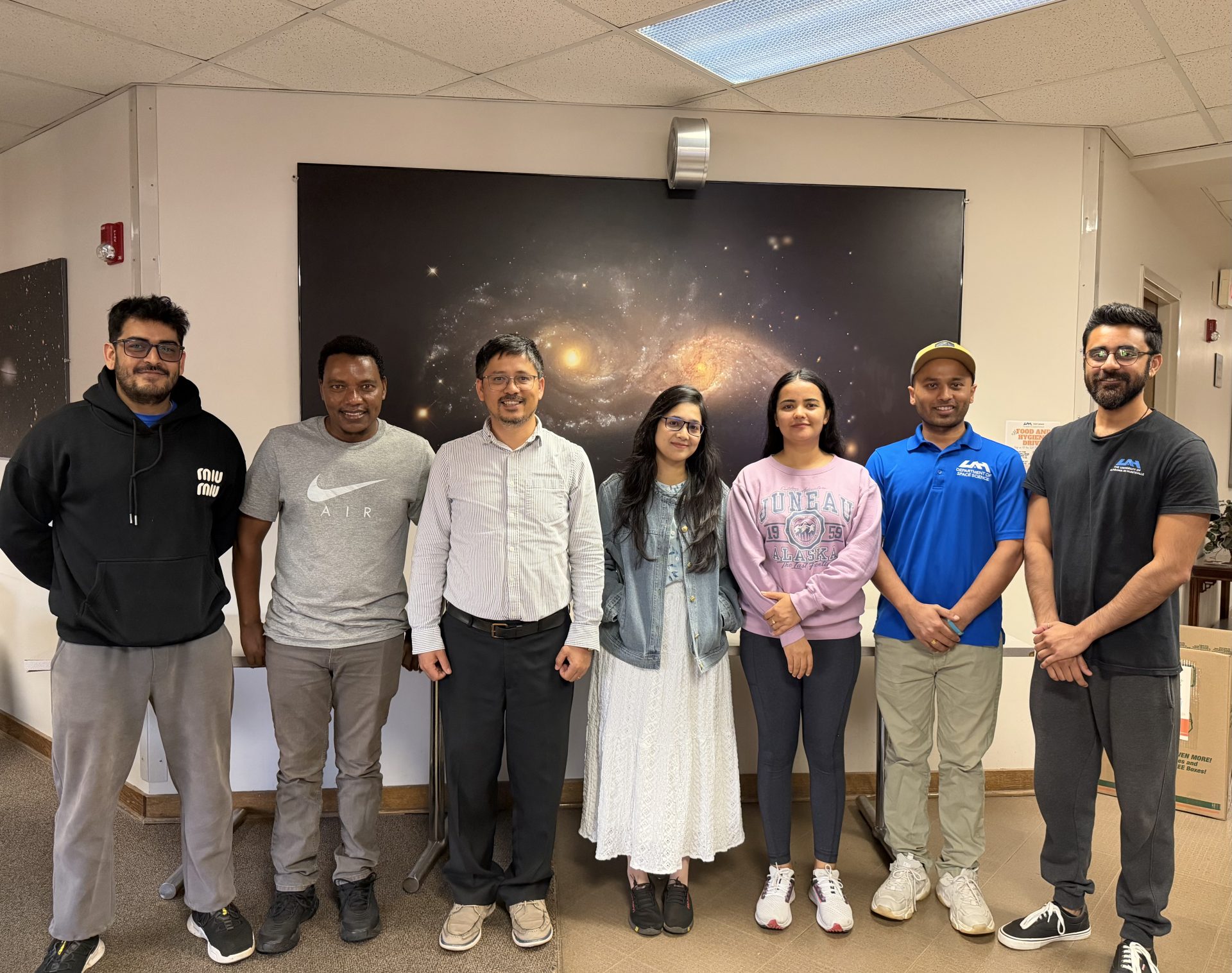Dr. Laxman Adhikari’s fluid and space plasma turbulence class, from left: Bigyan Mainali, Dessalegn Kenno, Dr. Adhikari, Rubaiya Khondoker Shikha, Monika Karki, Prashant Baruwal and Ashutosh Giri. Missing is Prashrit Baruwal. Photo courtesy of Dr. Adhikari