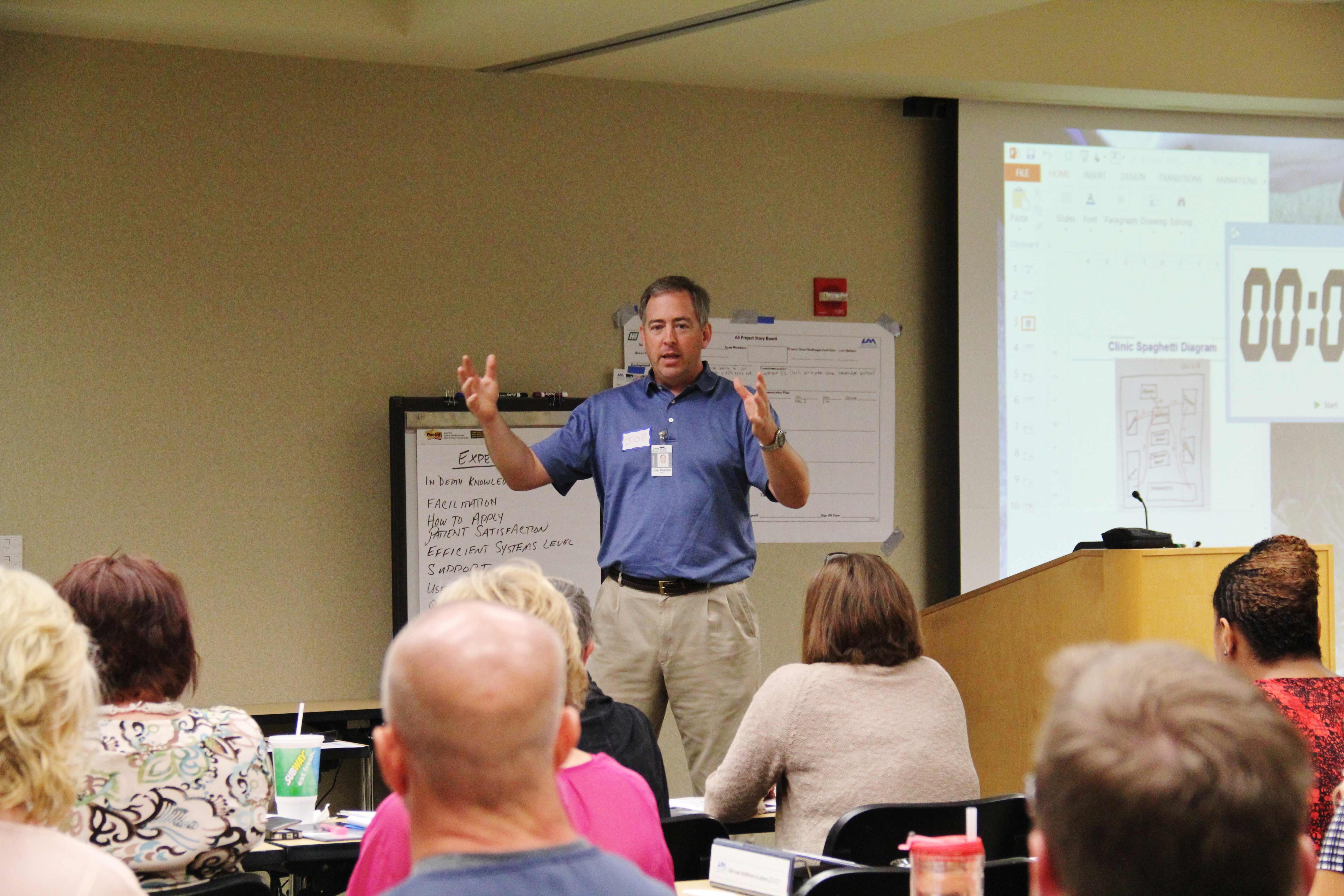 Joe Paxton (Director, Office for Operational Excellence) leads a Lean Healthcare Academy session for Huntsville Hospital healthcare providers.