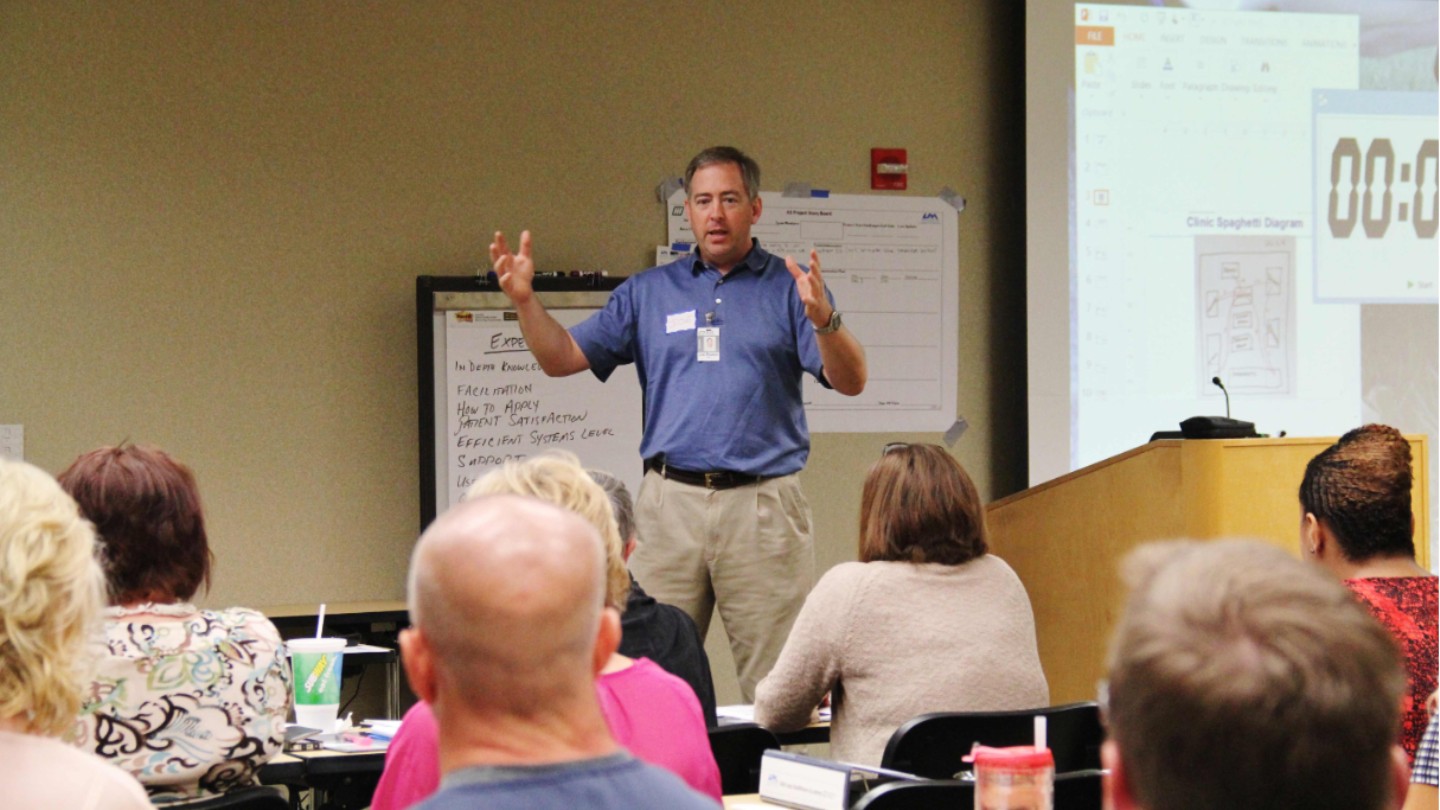 Joe Paxton (Director, Office for Operational Excellence) leads a Lean Healthcare Academy session for Huntsville Hospital healthcare providers.