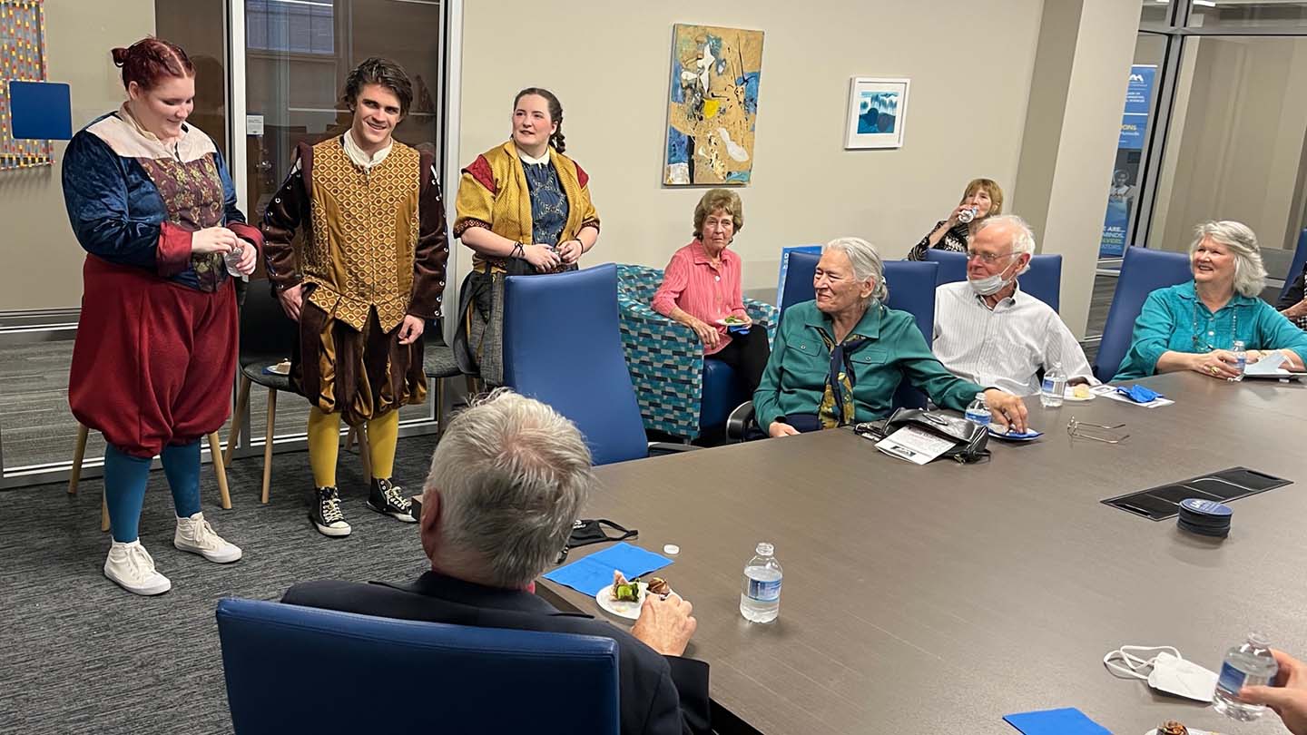 uahra members enjoy refreshments and a visit with uah theatre cast members of a shakespeare production