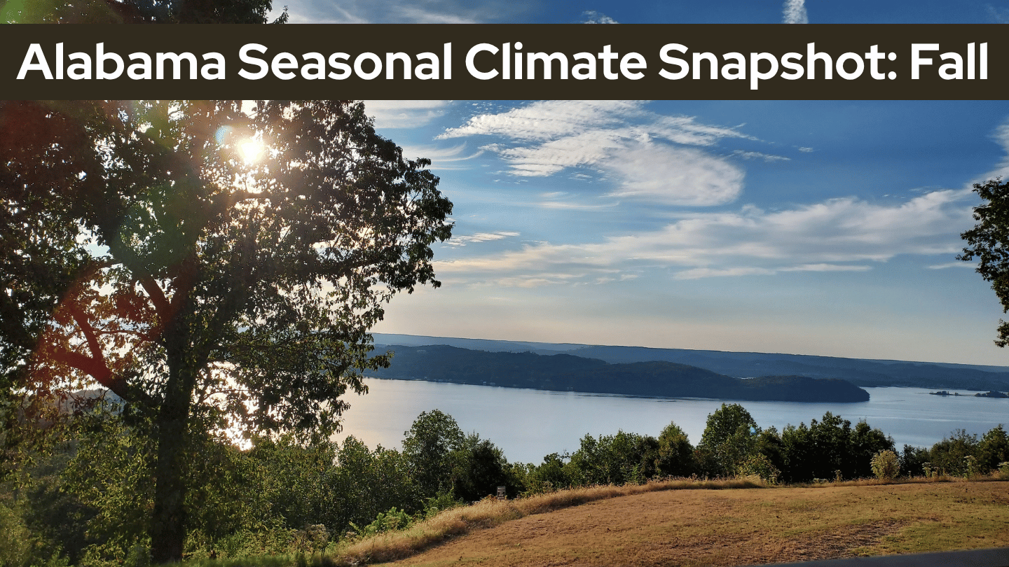 Fall landscape overlooking an Alabama lake and mountains. Text overlays with